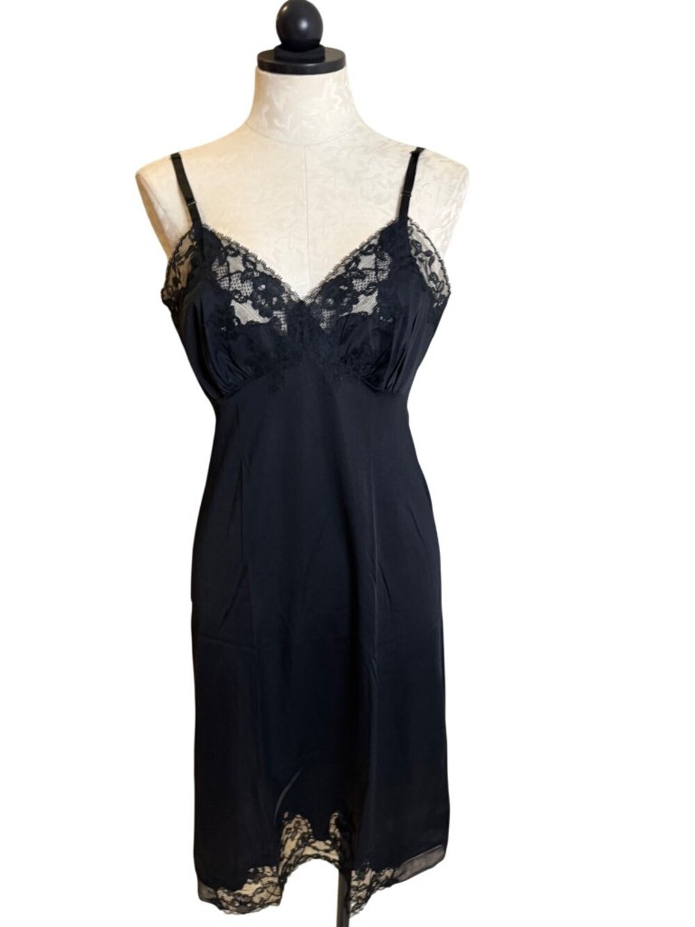 Van Raalte Suavette 1960s Womens Lace Trim Full Slip Midi Dress Size 36A Black